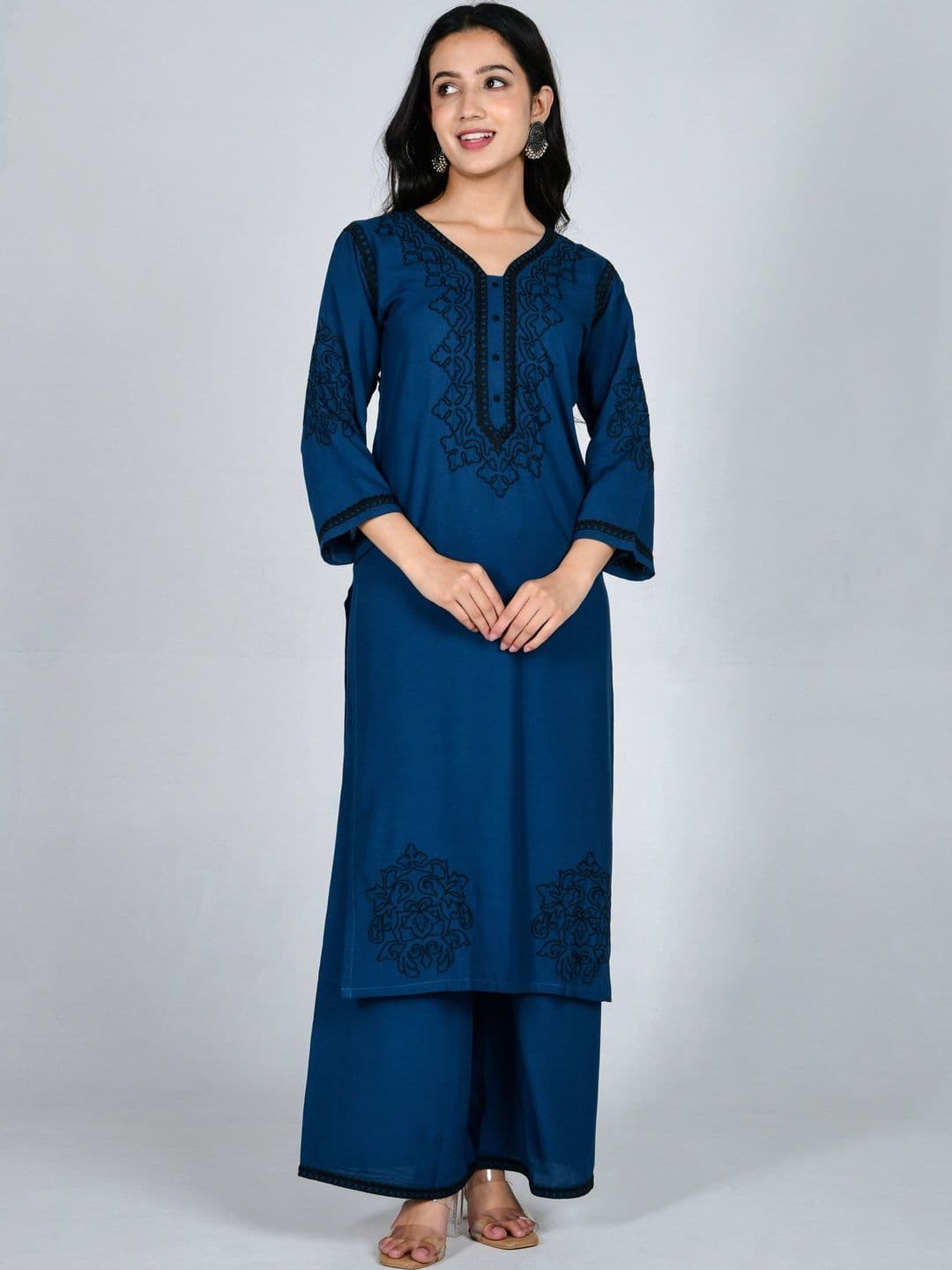 YOJINI Women Ethnic Motifs Embroidered Regular Thread Work Kurta with Palazzos - view 1