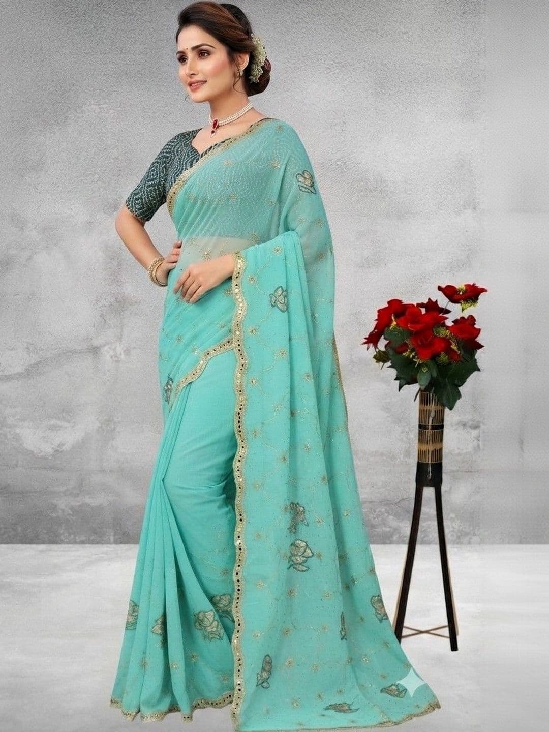 SmileyFashion Floral Poly Georgette Saree - view 1