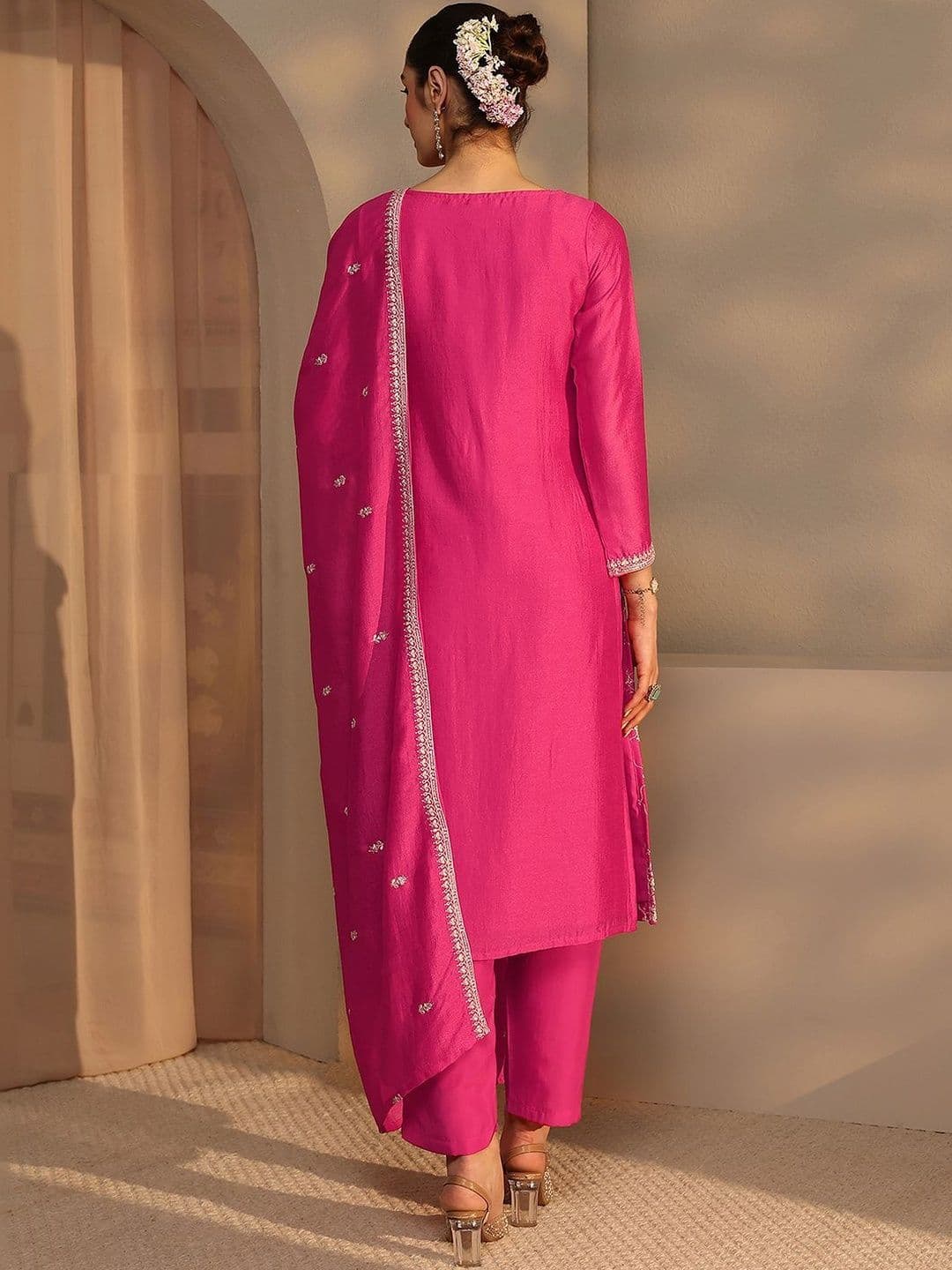 Libas Women Ethnic Motifs Embroidered Regular Thread Work Kurta with Trousers & With Dupatta thumbnail 3