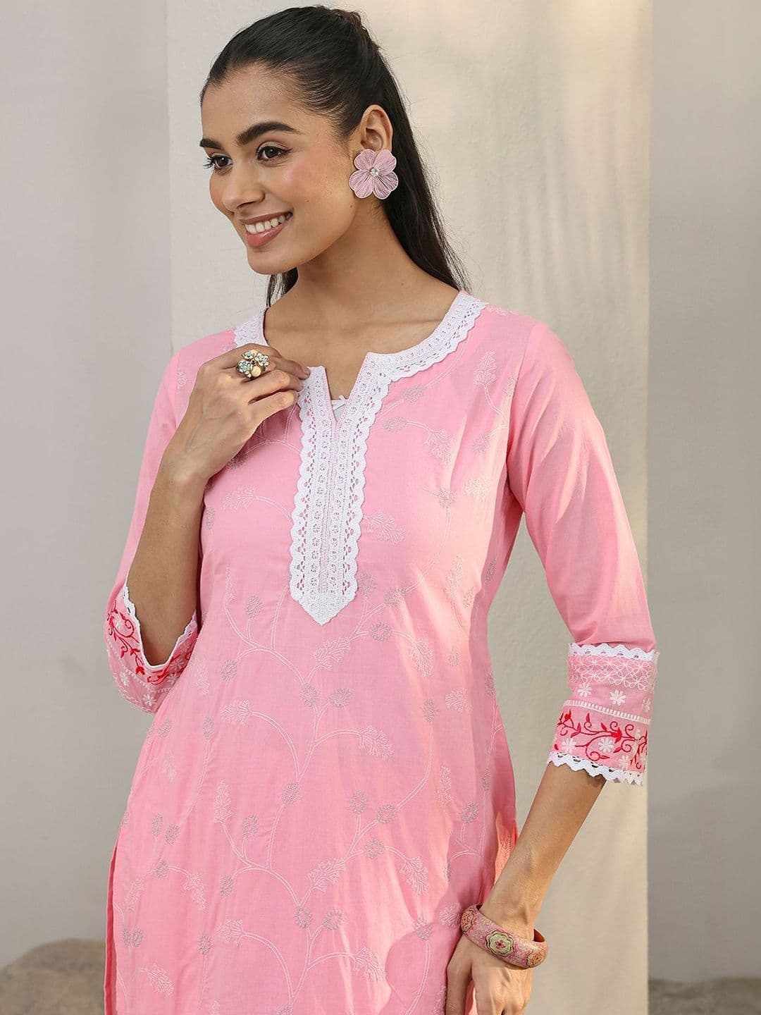 Libas Pink Floral Embroidered Cotton Straight Suit Set With Dupatta thumbnail 5
