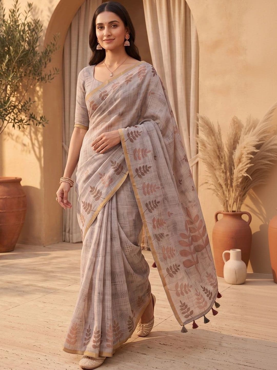 OLIVE SAGE Floral Linen Blend Tussar Saree thumbnail 2