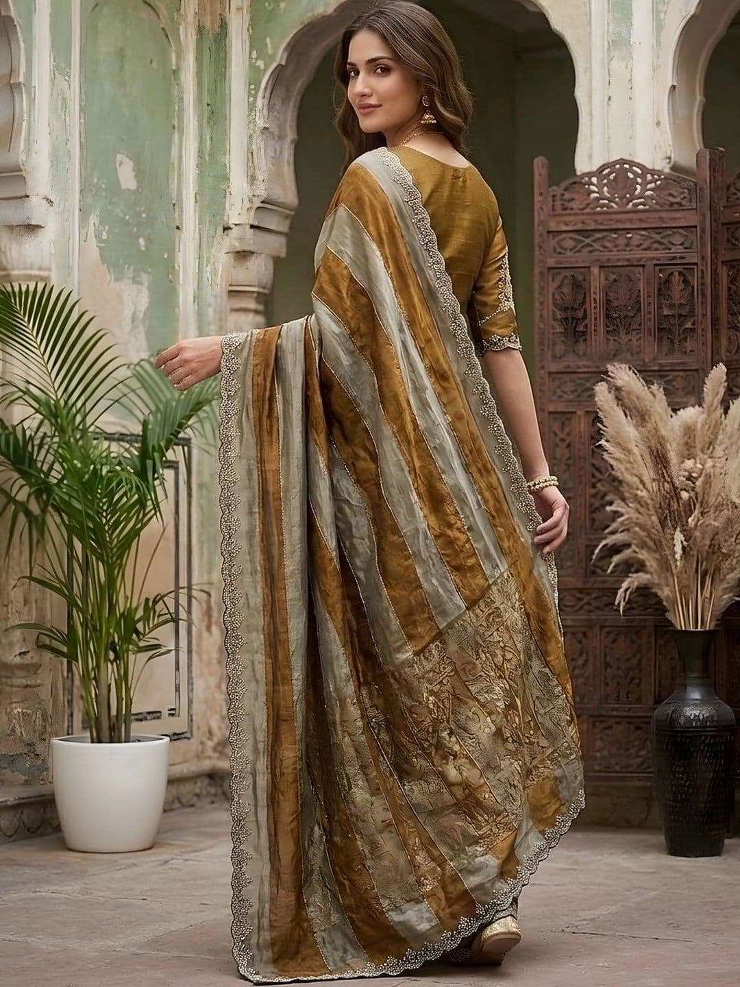 all about you Striped Embroidered Silk Blend Fusion Saree thumbnail 2