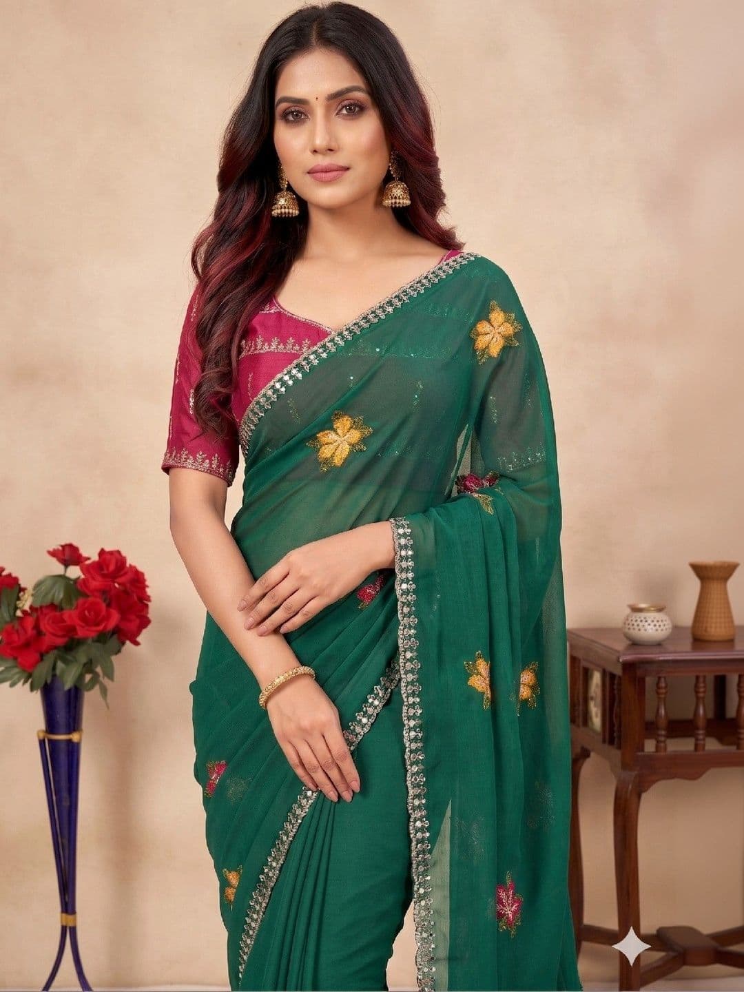 SmileyFashion Floral Embroidered Poly Chiffon Designer Saree thumbnail 5