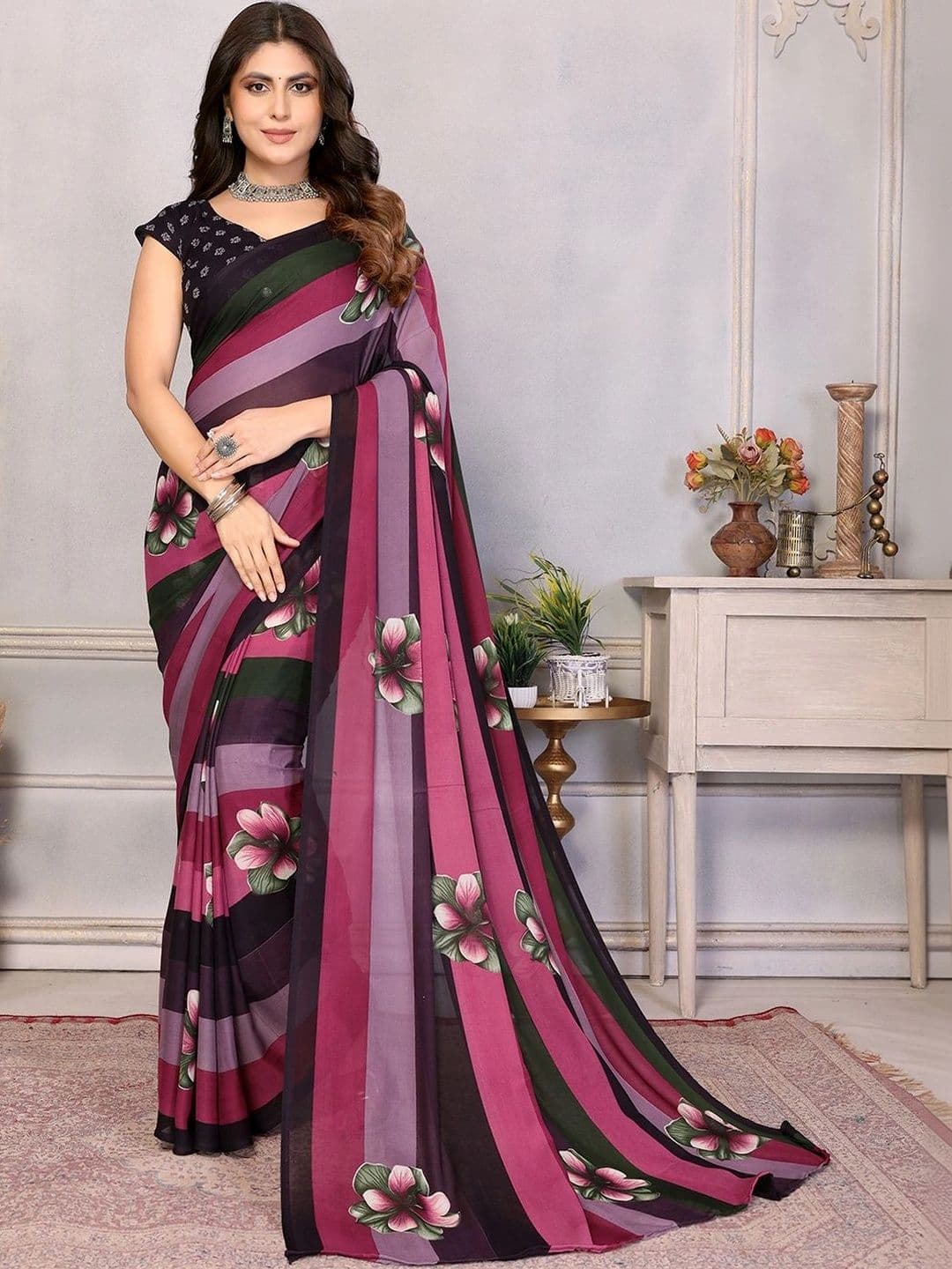 STYLETONE Floral Poly Georgette Designer Saree - view 1