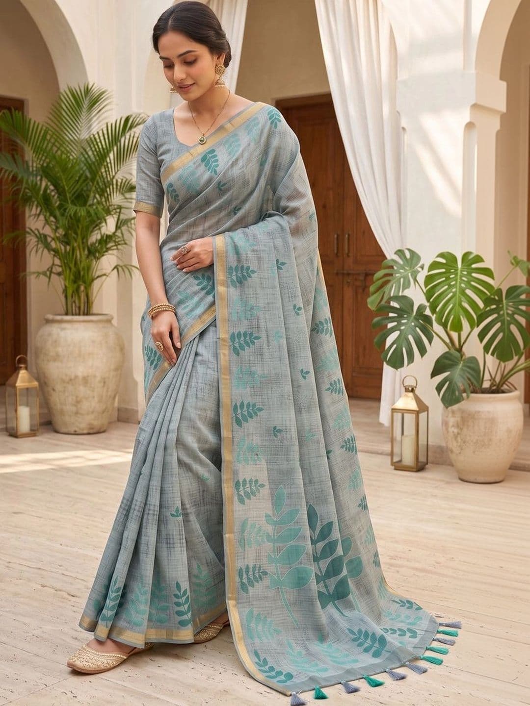 OLIVE SAGE Linen Blend Tussar Saree thumbnail 2
