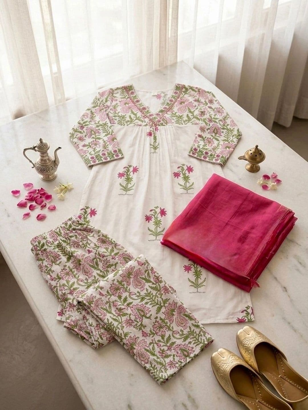SHEMAIAH Women Floral Printed Empire Pure Cotton Kurta with Trousers & With Dupatta thumbnail 2