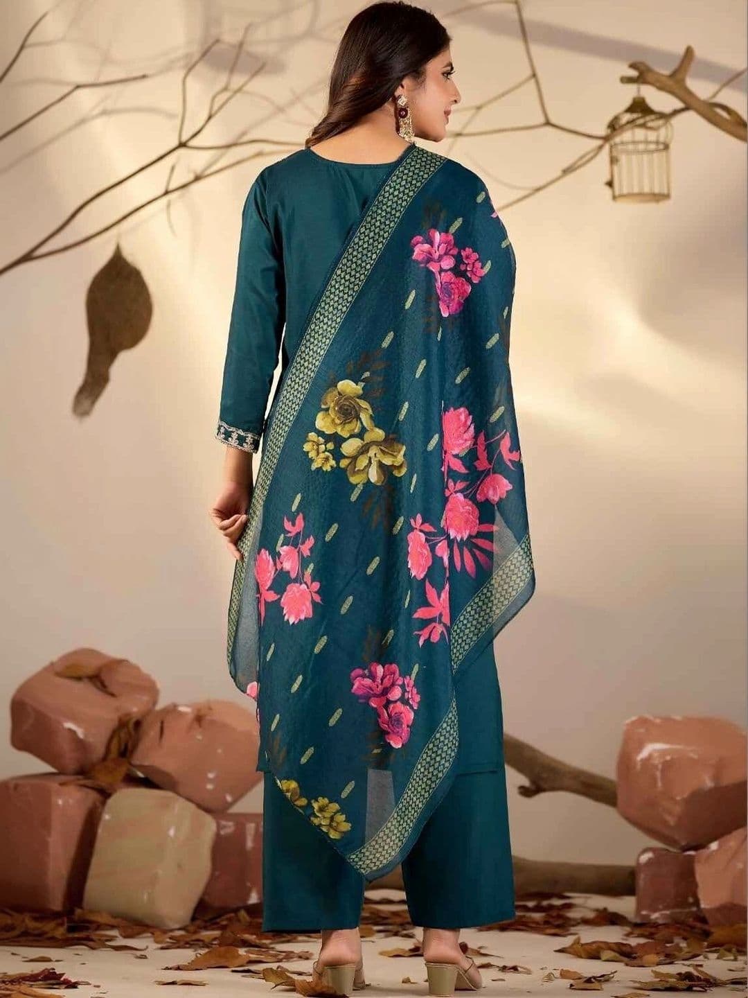 NAVYAAZRI Women Floral Embroidered Regular Thread Work Kurta with Trousers & With Dupatta thumbnail 2