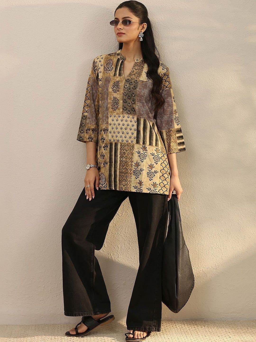 Libas Beige Floral Printed Straight Short Kurti thumbnail 4