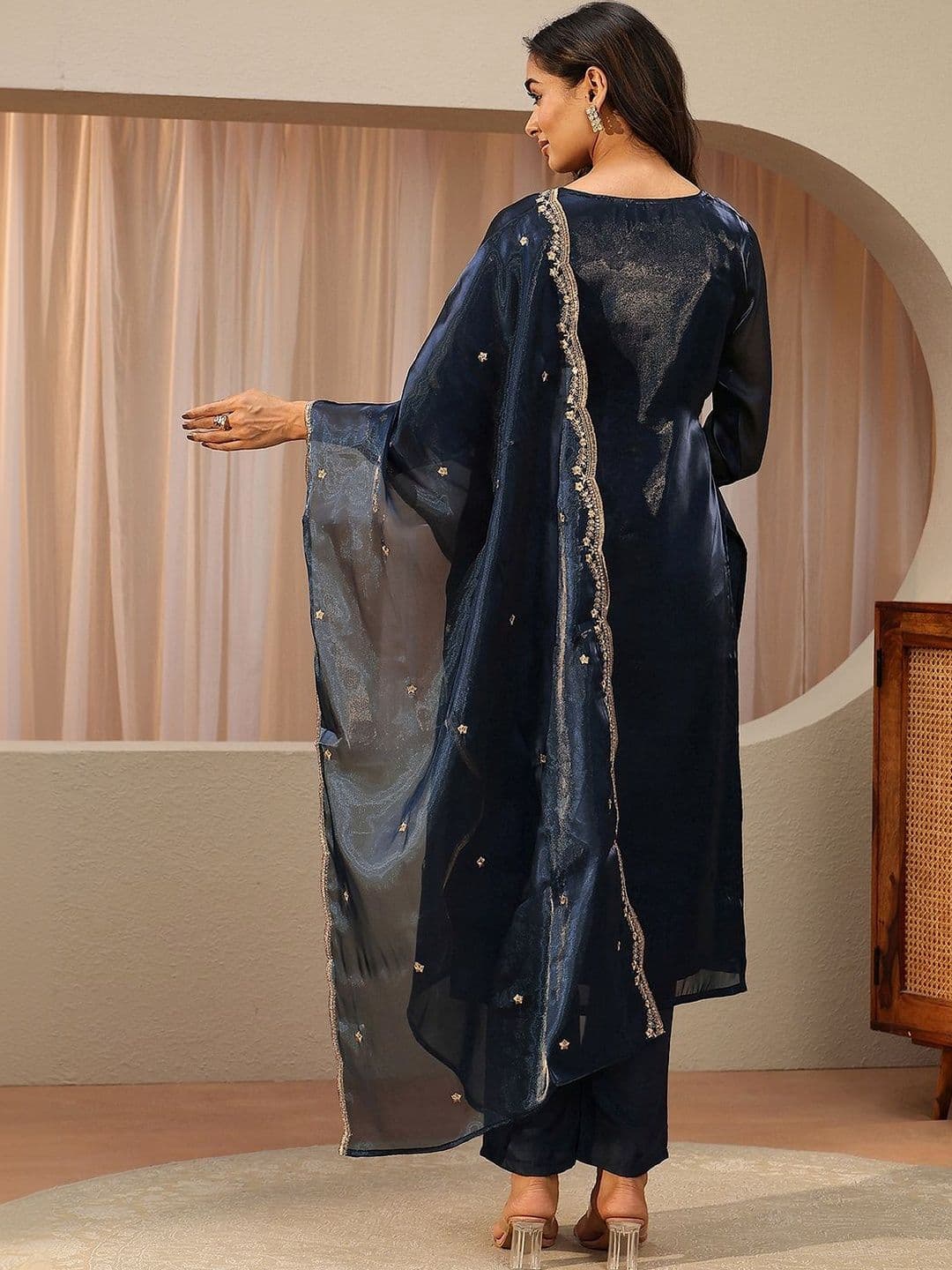 Libas Blue Floral Embroidered Tissue Straight Suit Set thumbnail 4