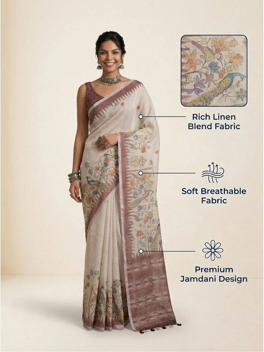 Anouk Floral Linen Blend Jamdani Saree thumbnail 4