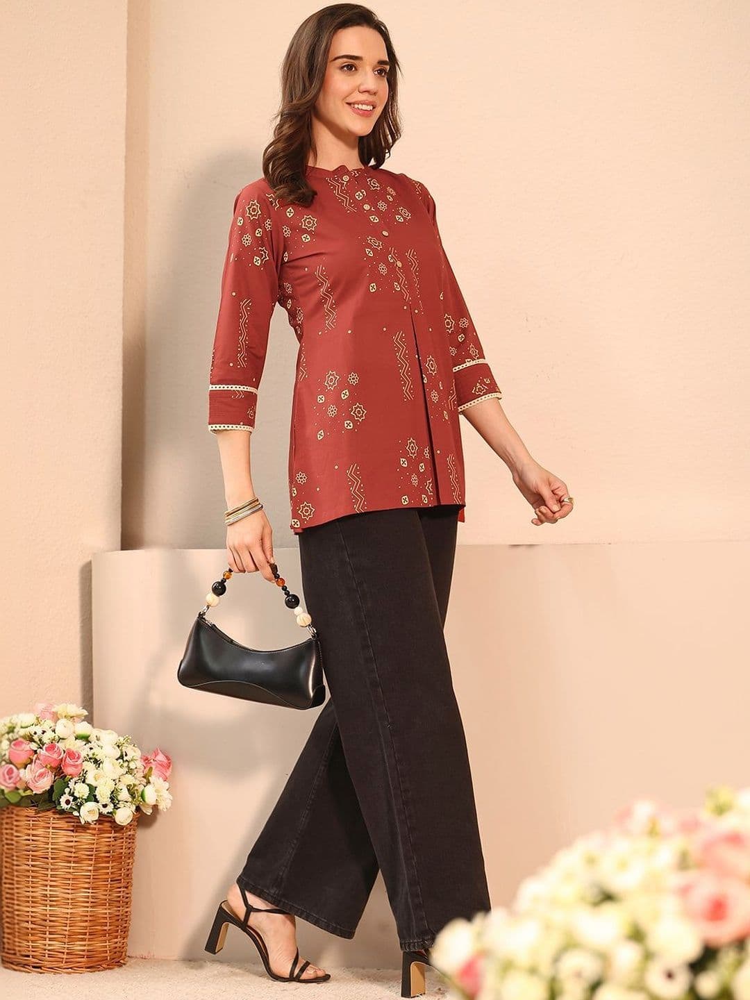 Libas Brown Ethnic Printed Cotton Straight Short Kurti - view 1