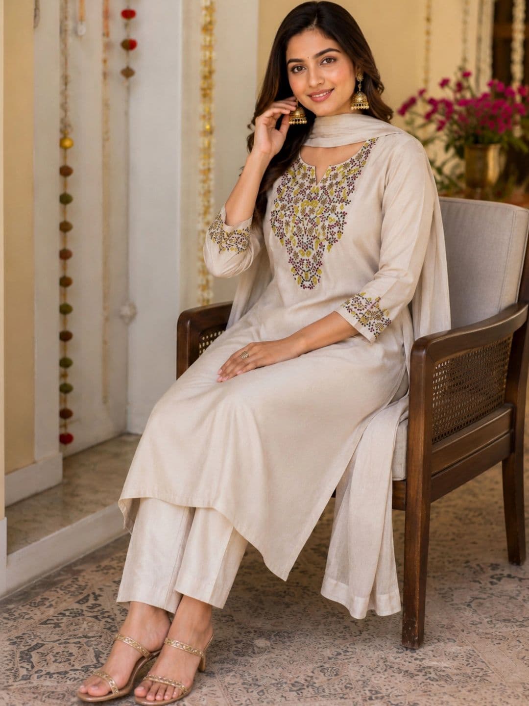 SZN Women Ethnic Motifs Embroidered Regular Thread Work Kurta with Trousers & With Dupatta thumbnail 6