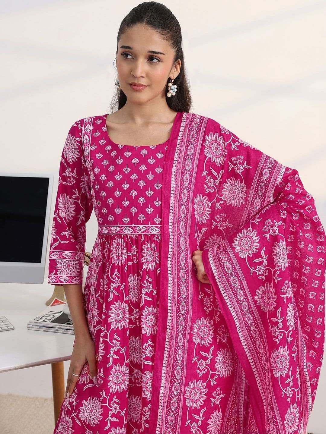 Gerua By Libas Libas Fuchsia Pink Floral Print A-Line Suit Set with Dupatta thumbnail 7