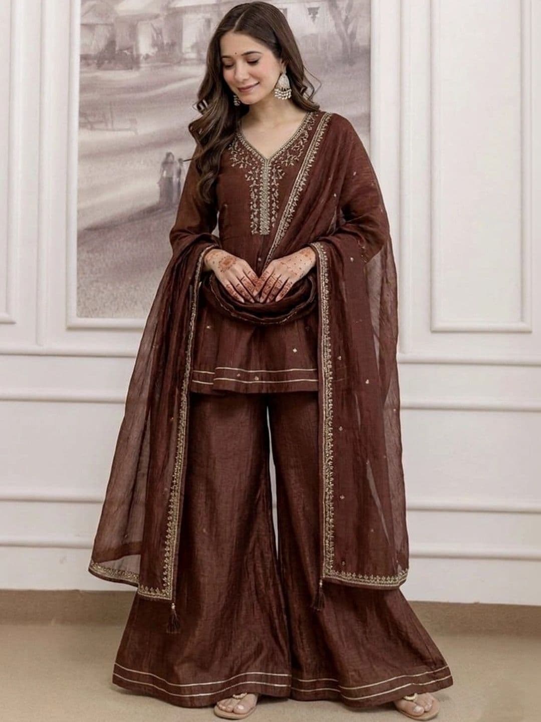 VIRJAT Women Ethnic Motifs Embroidered Empire Thread Work Kurta with Palazzos & With Dupatta thumbnail 6