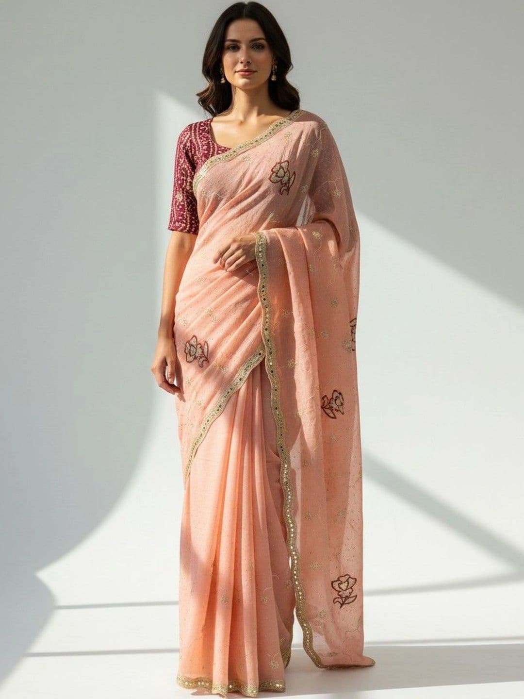 SmileyFashion Floral Embroidered Poly Georgette Saree thumbnail 2