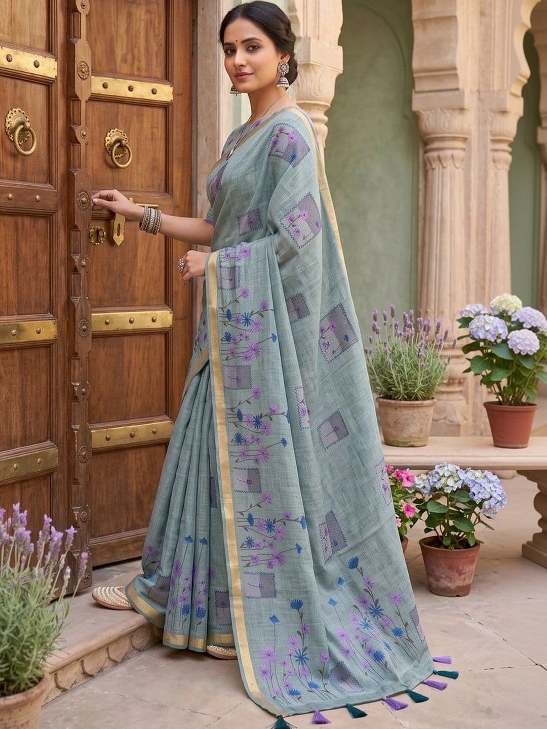 OLIVE SAGE Floral Linen Blend Tussar Saree thumbnail 3