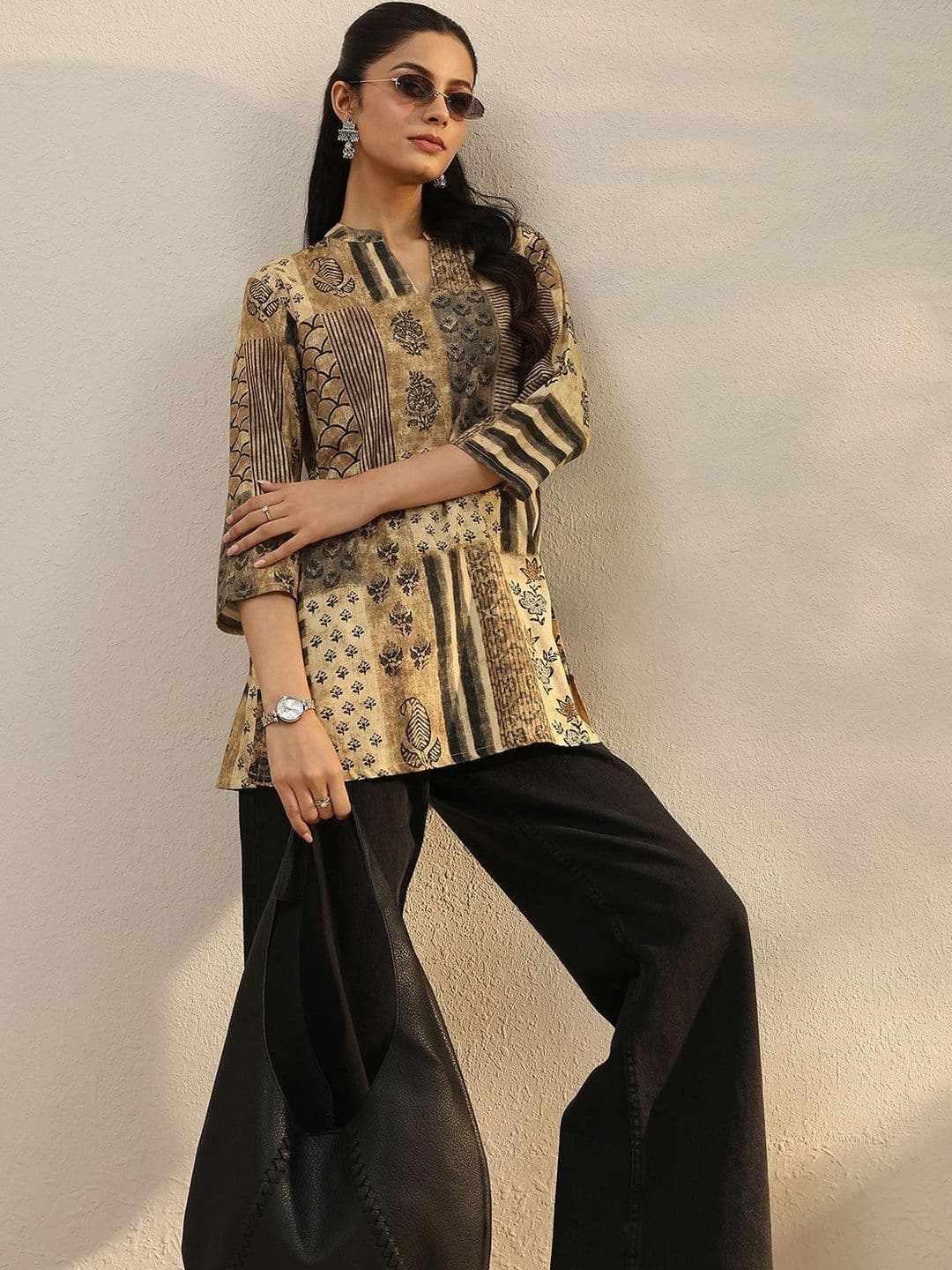 Libas Beige Floral Printed Straight Short Kurti - view 1