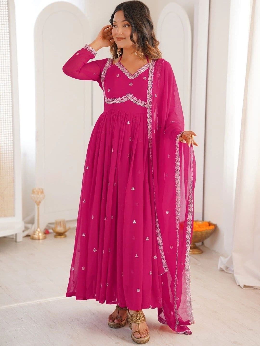 Frenzy Fusion Women Ethnic Motifs Embroidered Empire Thread Work Kurta with Pyjamas & With Dupatta - view 1