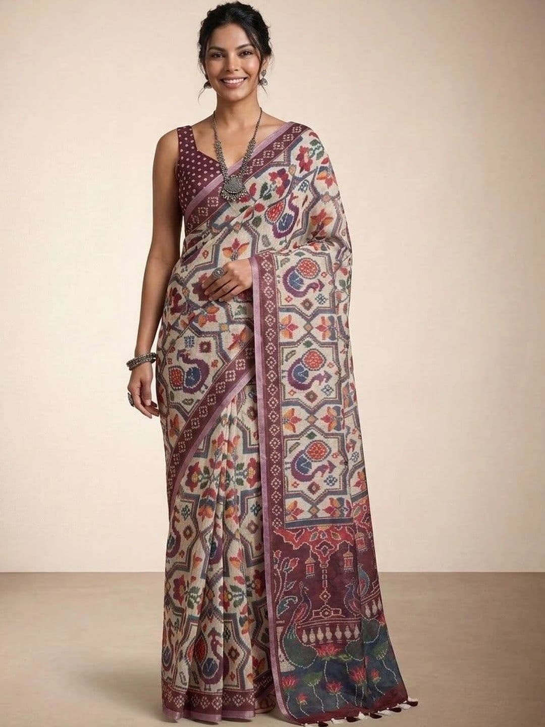 Anouk Linen Blend Patola Saree - view 1