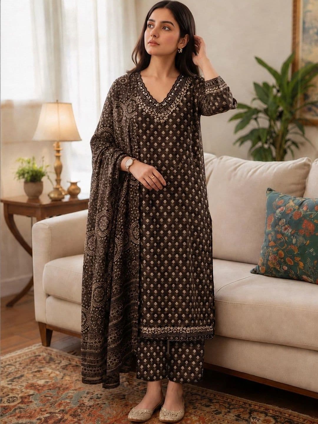 Aaghnya Women Ethnic Motifs Printed Regular Kurta with Trousers & With Dupatta thumbnail 2