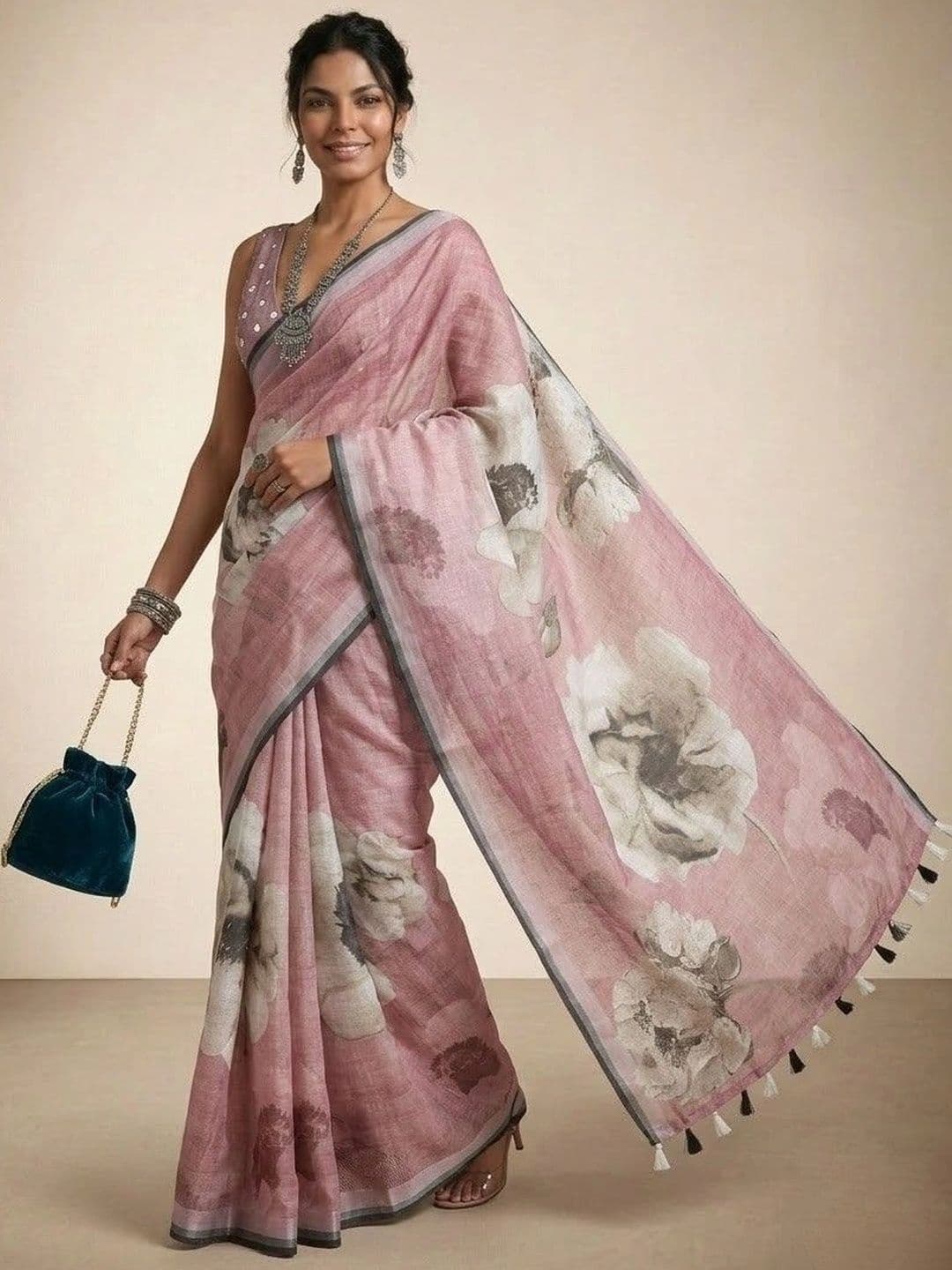 Anouk Floral Pure Linen Saree thumbnail 2