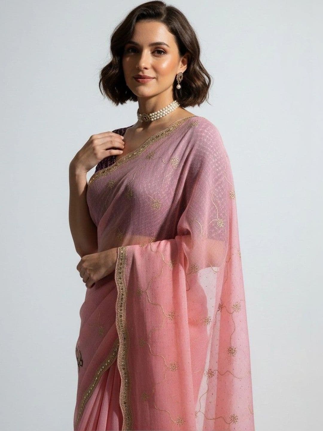 SmileyFashion Floral Embroidered Poly Georgette Saree thumbnail 4