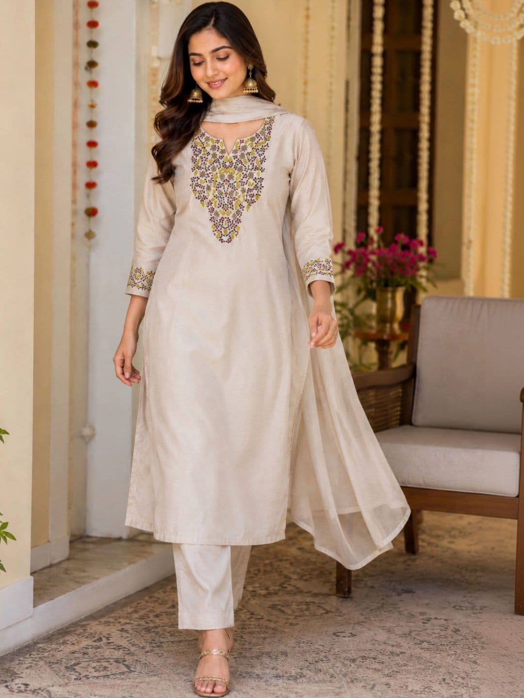 SZN Women Ethnic Motifs Embroidered Regular Thread Work Kurta with Trousers & With Dupatta thumbnail 5