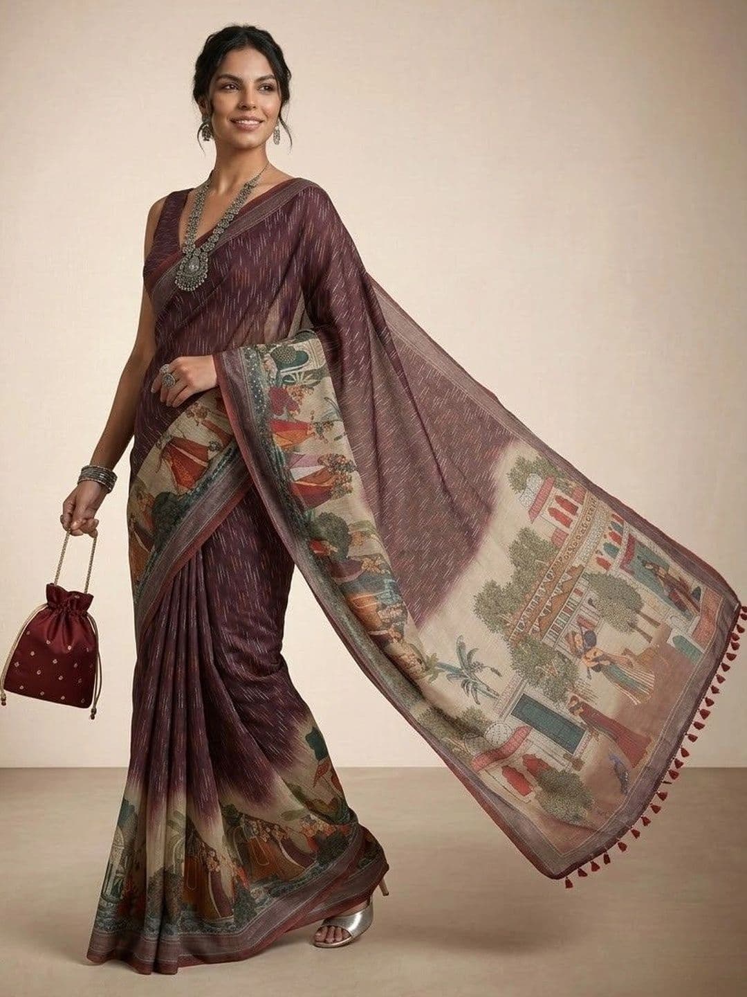 Anouk Kalamkari Silk Blend Ikat Saree thumbnail 4