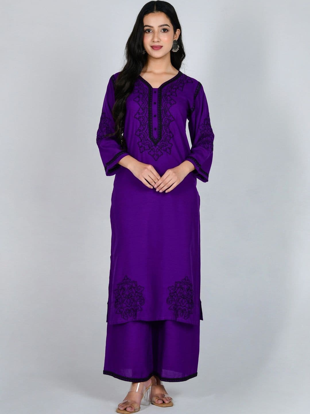 YOJINI Women Ethnic Motifs Embroidered Regular Thread Work Kurta with Palazzos - view 1