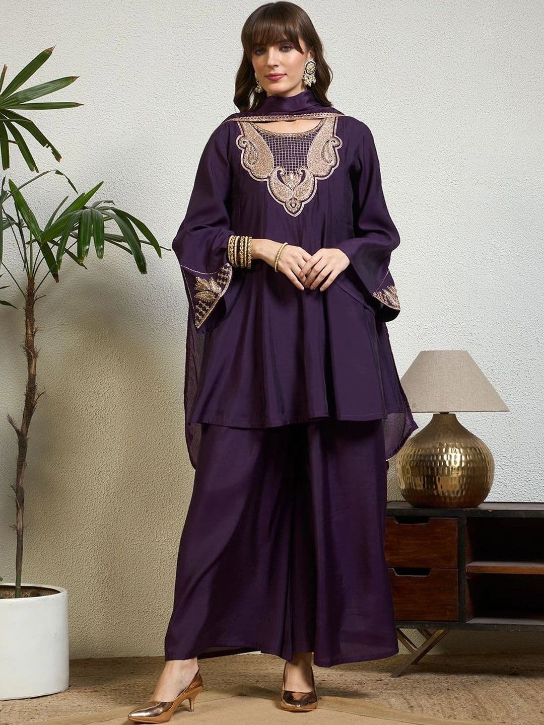 Honky Tonky Women Ethnic Motifs Embroidered Regular Kurta with Palazzos & With Dupatta - view 1