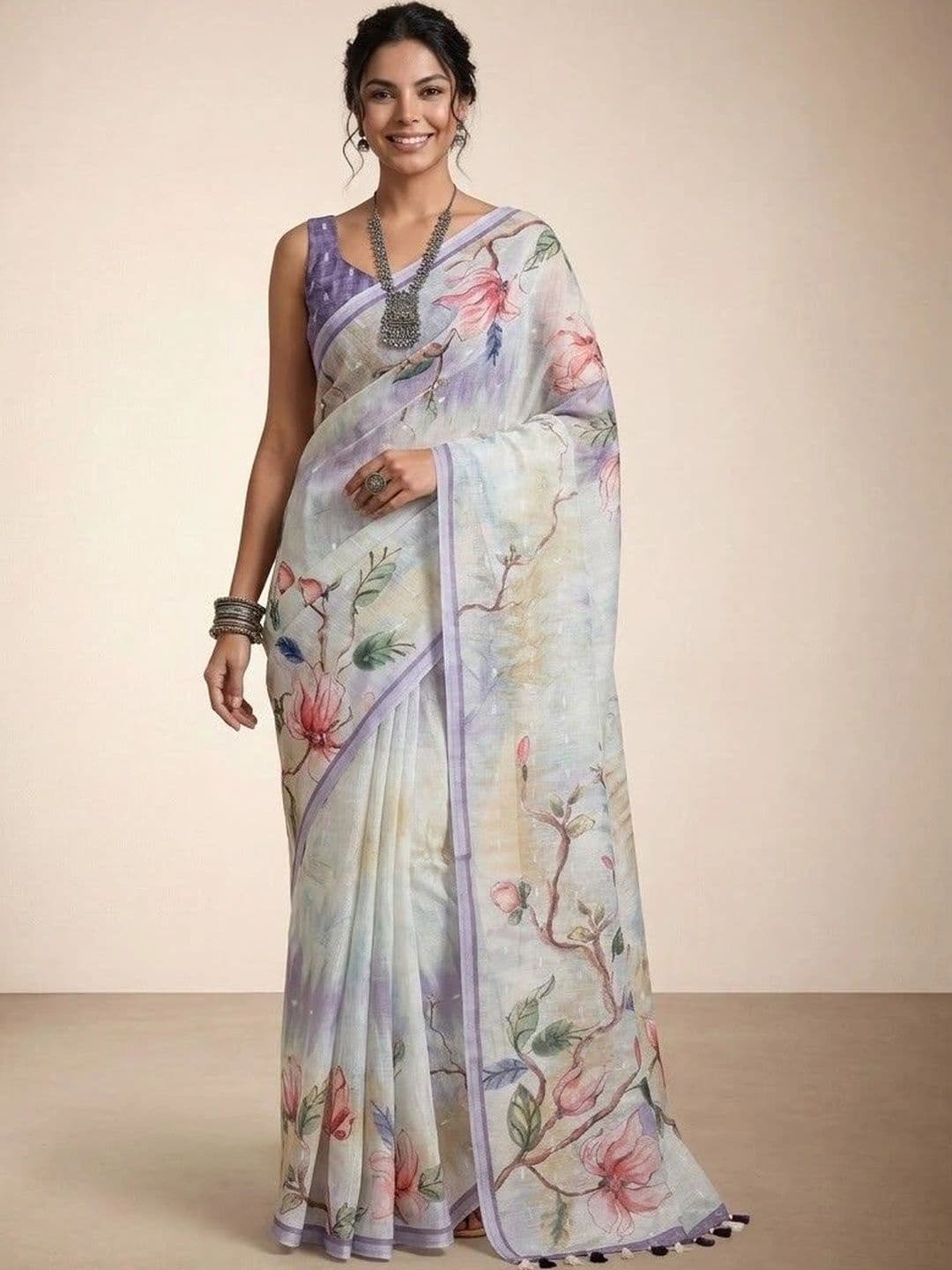 Anouk Floral Linen Blend Saree - view 1