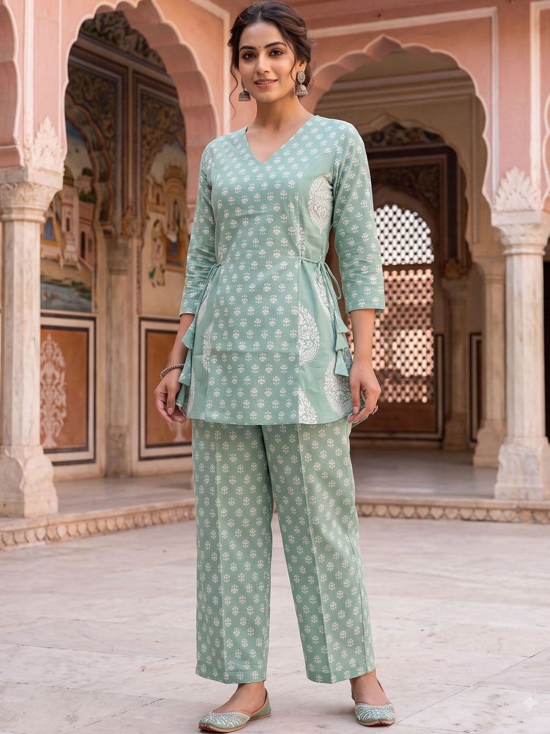 KALINI Women Ethnic Motifs Printed Angrakha Pure Cotton Kurti with Trousers thumbnail 3