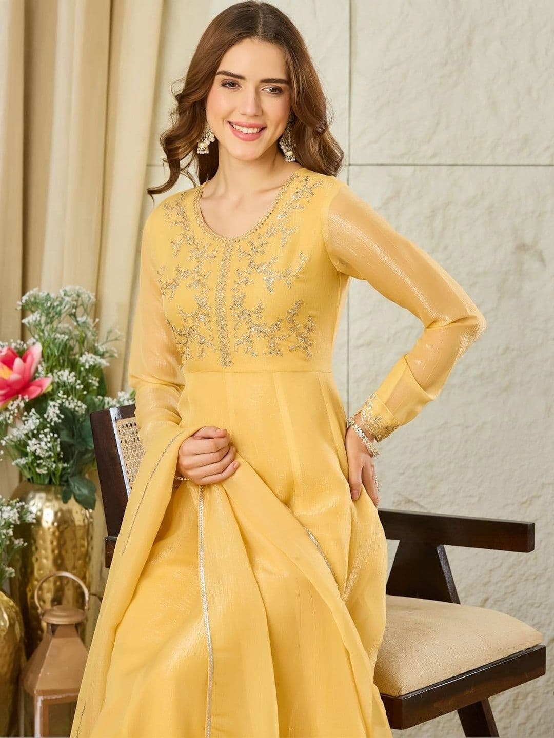MOKOSH Women Ethnic Motifs Embroidered Empire Sequinned Pure Silk Kurta with Trousers & With Dupatta thumbnail 6