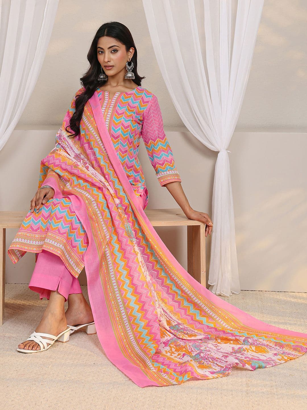Gerua By Libas Libas Pink Chevron Printed Straight Suit Set with Dupatta - view 1