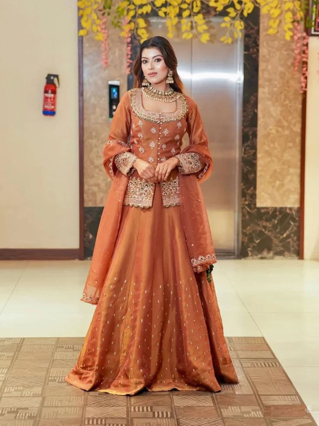 KRYSAL Motifs Embroidered Thread Work Chanderi Silk Kurta with Skirt & With Dupatta - view 1