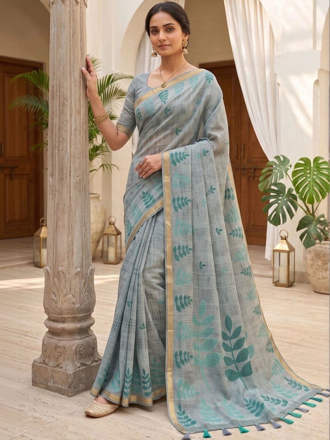 OLIVE SAGE Linen Blend Tussar Saree thumbnail 6