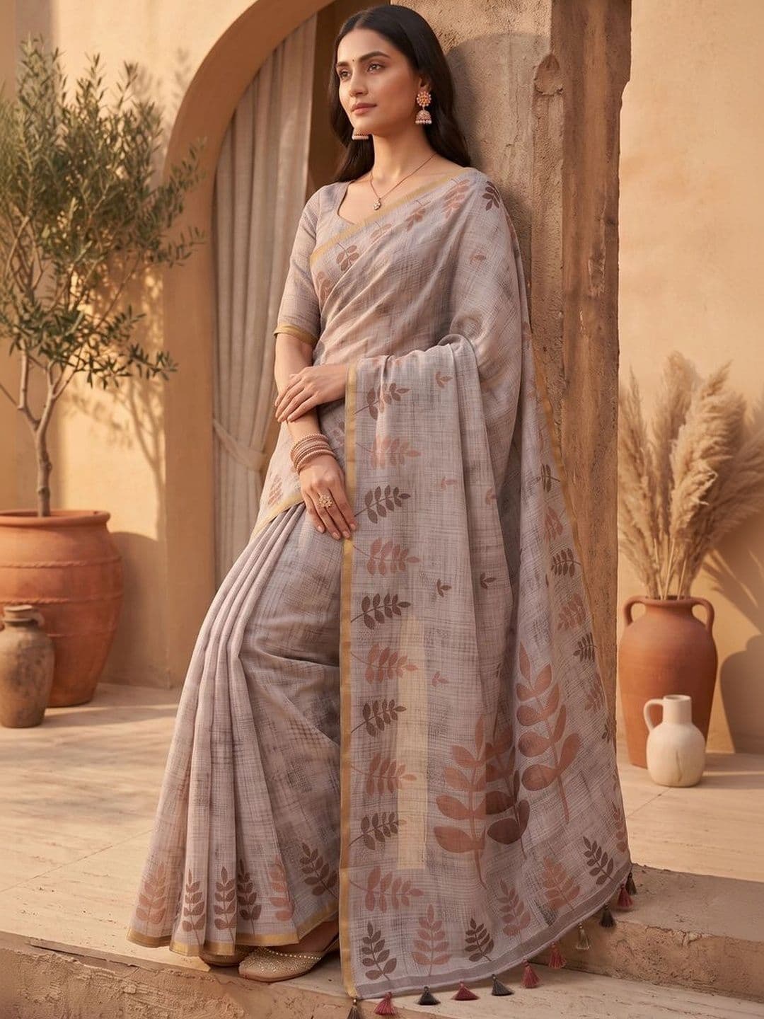 OLIVE SAGE Floral Linen Blend Tussar Saree thumbnail 7