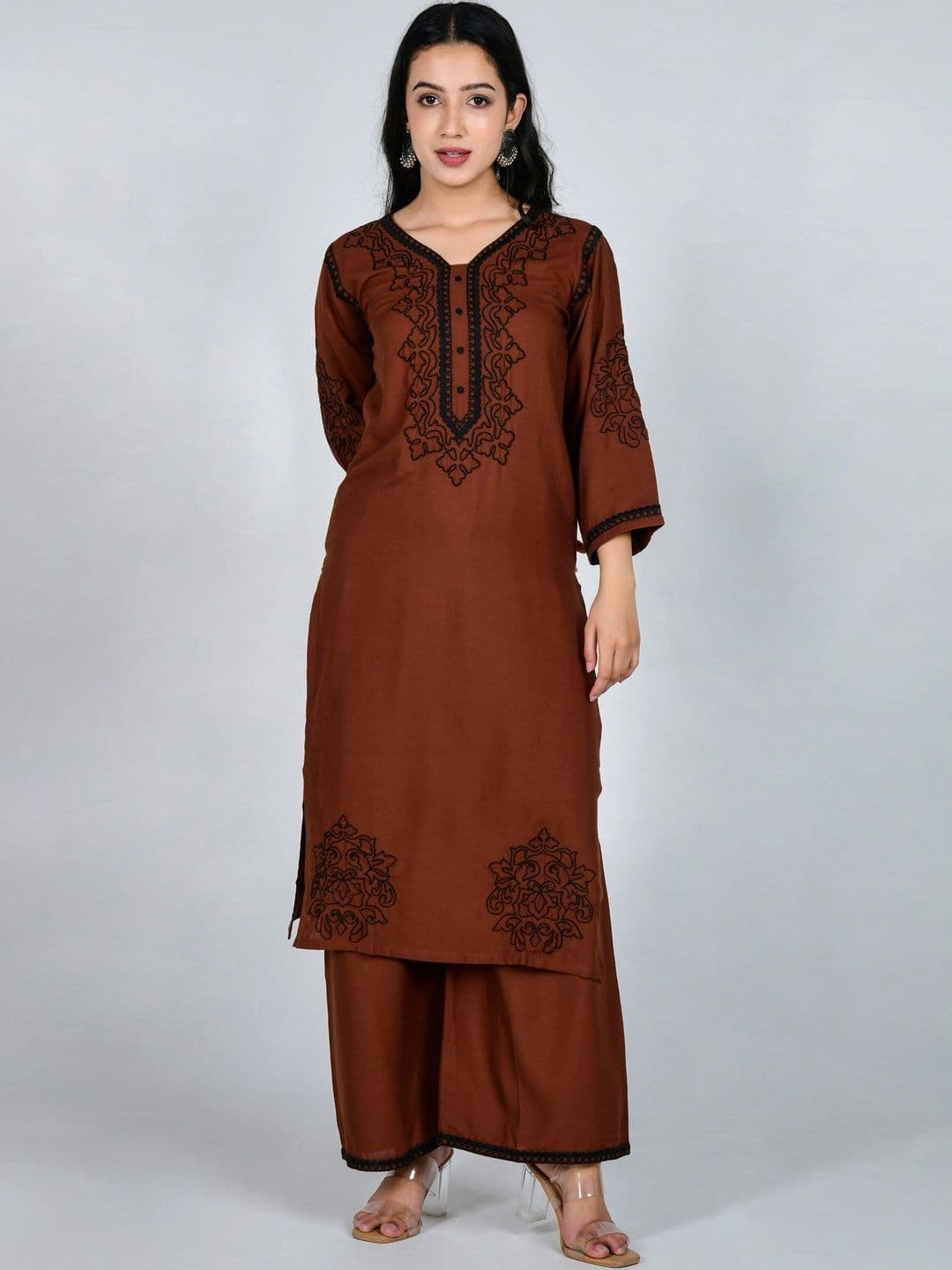 YOJINI Women Ethnic Motifs Embroidered Regular Thread Work Kurta with Palazzos thumbnail 5
