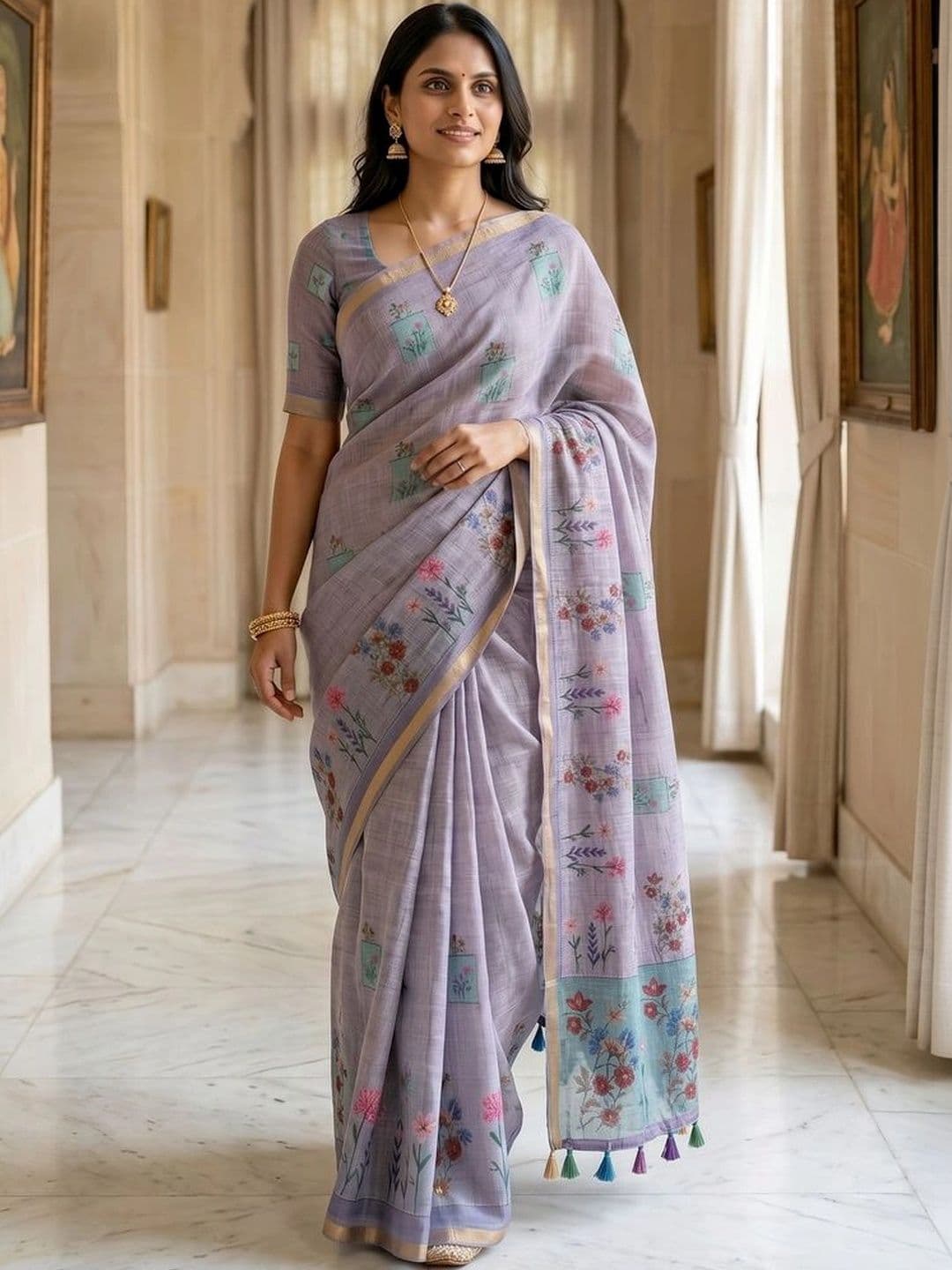 OLIVE SAGE Floral Linen Blend Tussar Saree - view 1