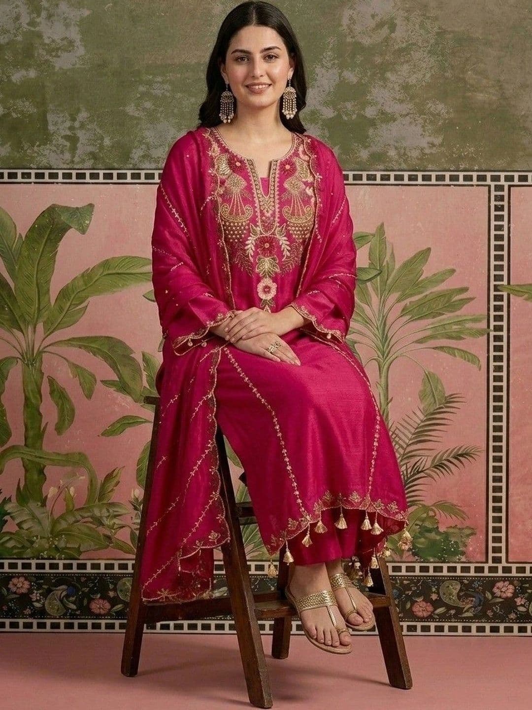 all about you Women Ethnic Motifs Embroidered Regular Thread Work Chanderi Silk Kurta with Trousers & With - view 1