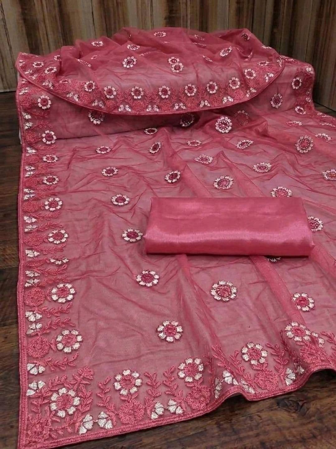akhodalkrp Floral Embroidered Net Saree thumbnail 4