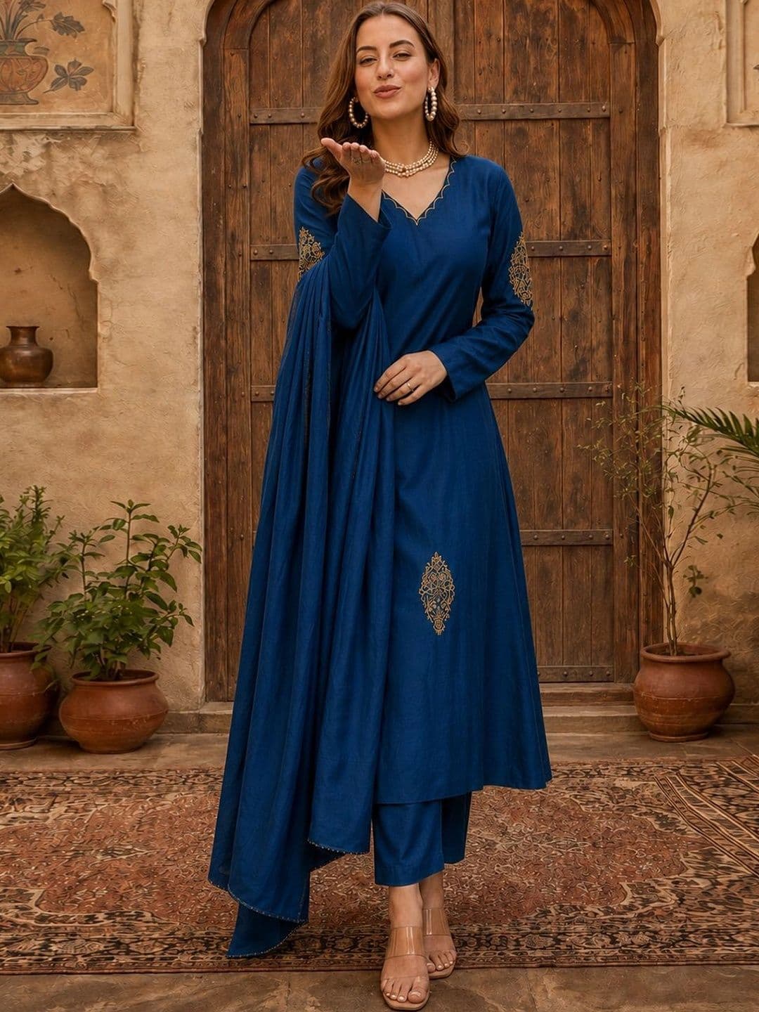 Sangria Women Ethnic Motifs Embroidered Kurta with Trousers & With Dupatta thumbnail 5