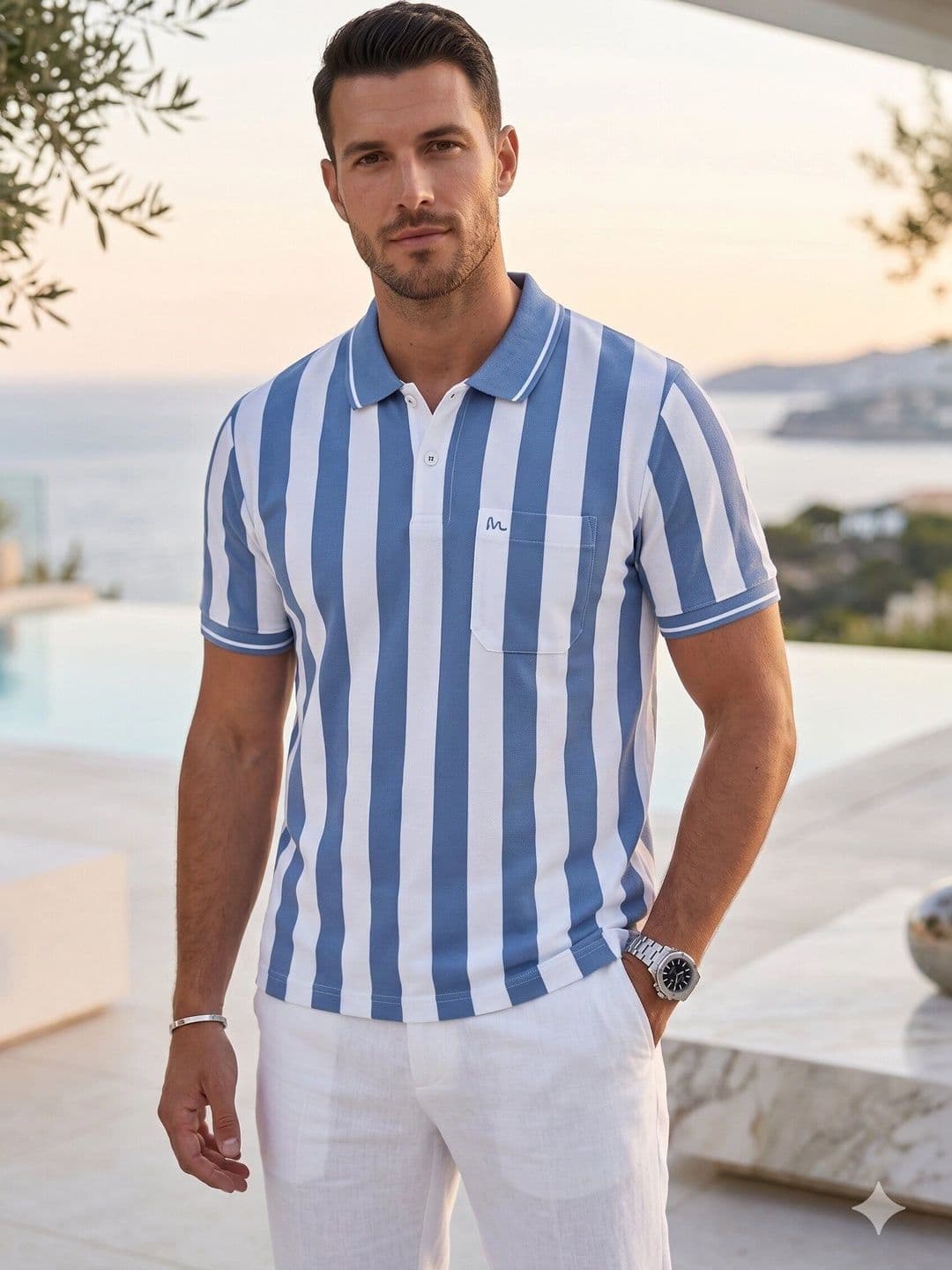 MALER Men Striped Polo Collar Pockets T-shirt thumbnail 4