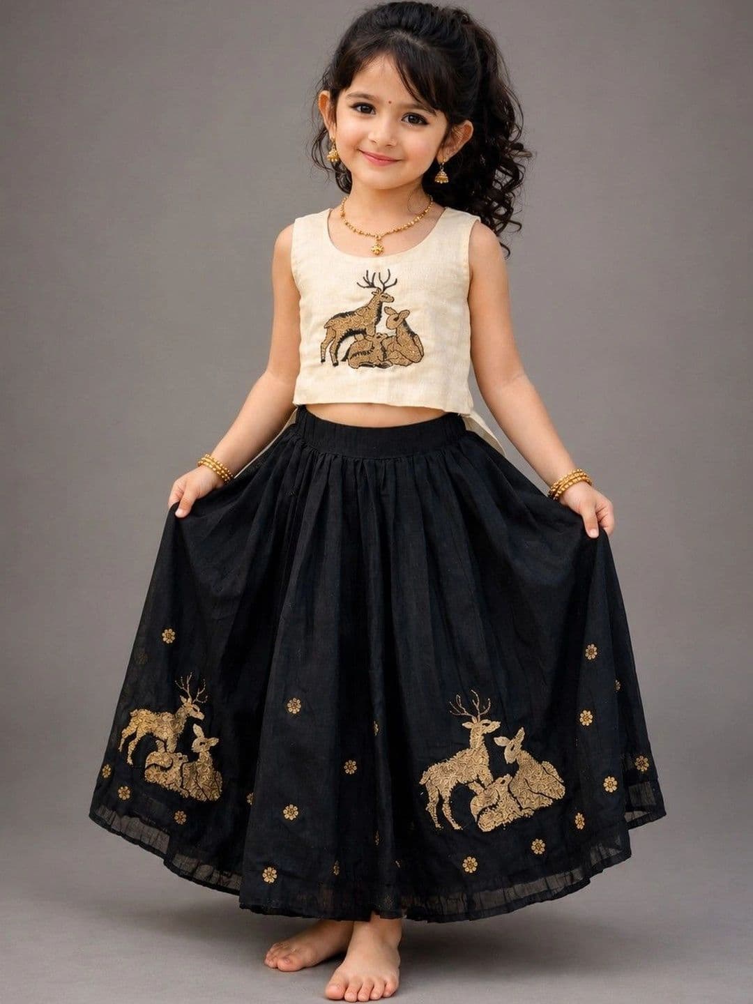 Poppy & Munchkin Girls Embroidered Thread Work Ready to Wear Lehenga - view 1