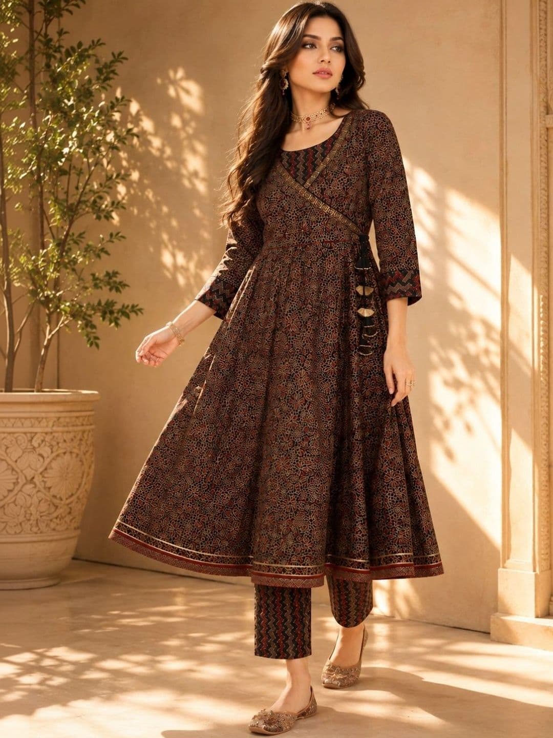 indo street Women Ethnic Motifs Printed Angrakha Pure Cotton Kurta with Trousers thumbnail 3
