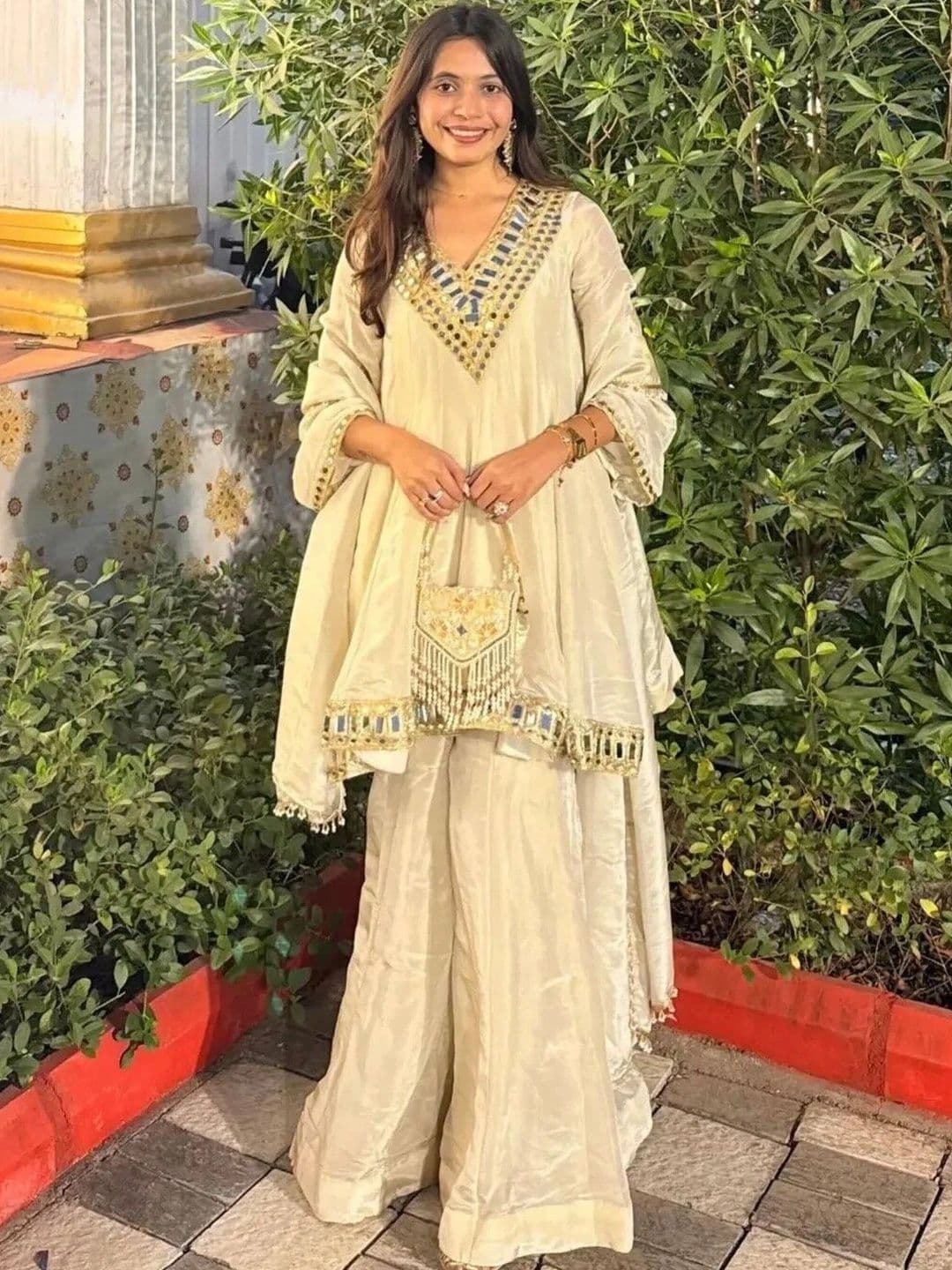 Frenzy Fusion Women Ethnic Motifs Regular Mirror Work Kurta with Palazzos & With Dupatta - view 1