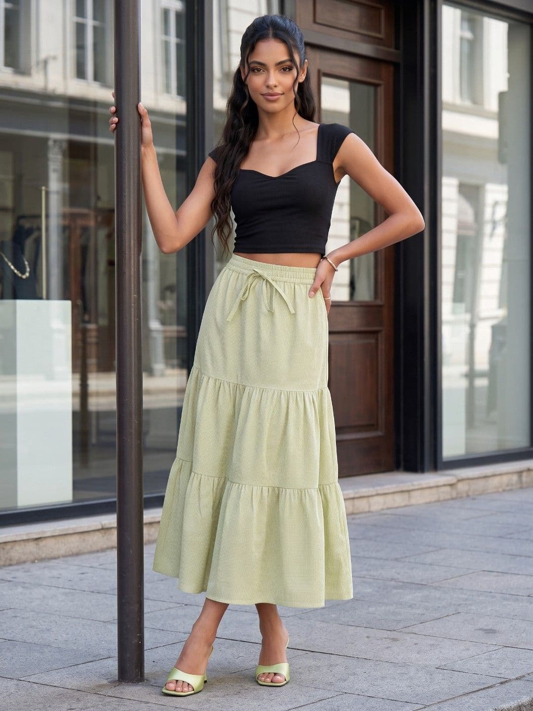 glitchez Women Textured Midi Tiered A-Line Skirt thumbnail 2