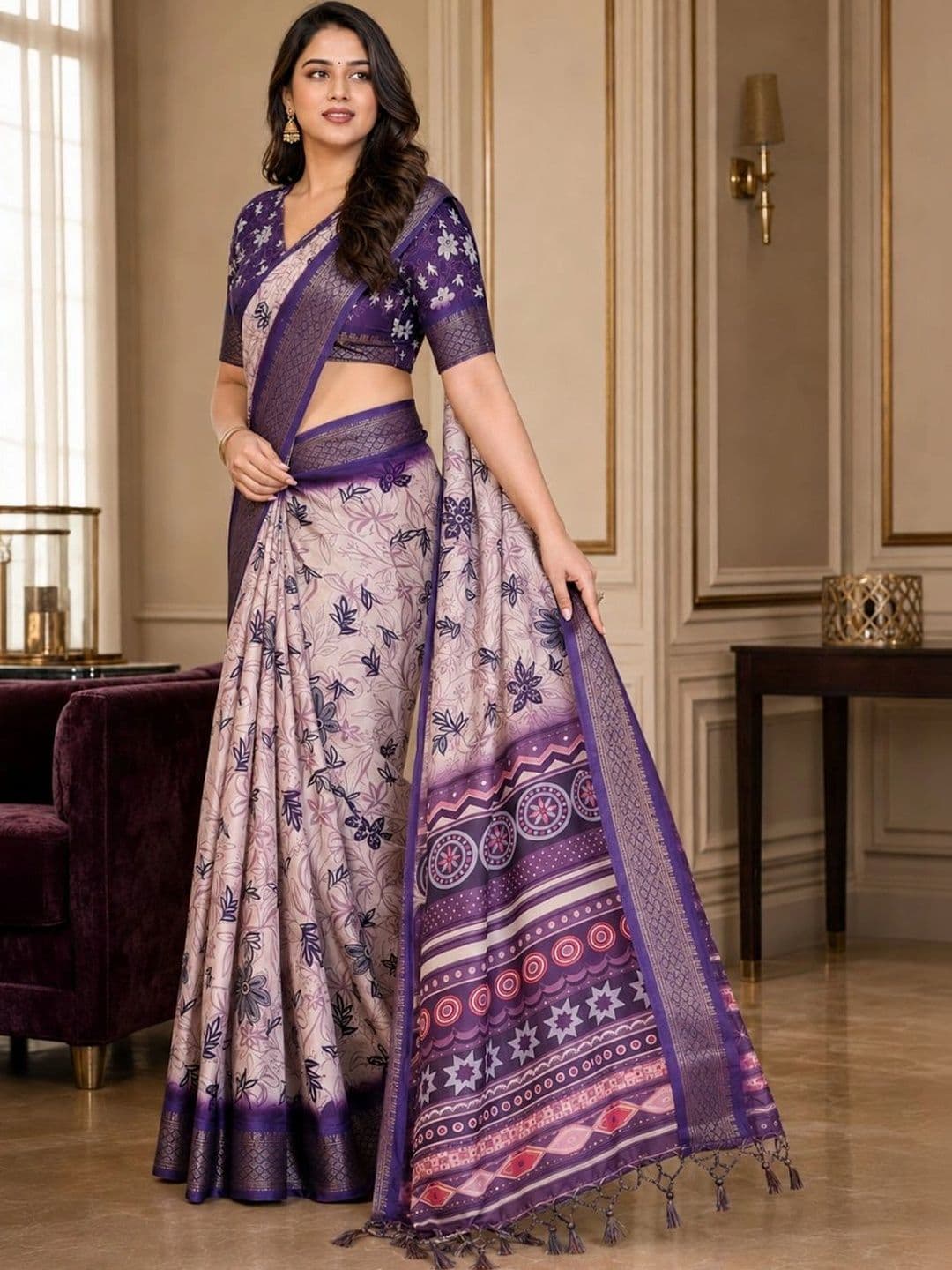 IKSHARA  Women Floral Silk Cotton Saree thumbnail 7