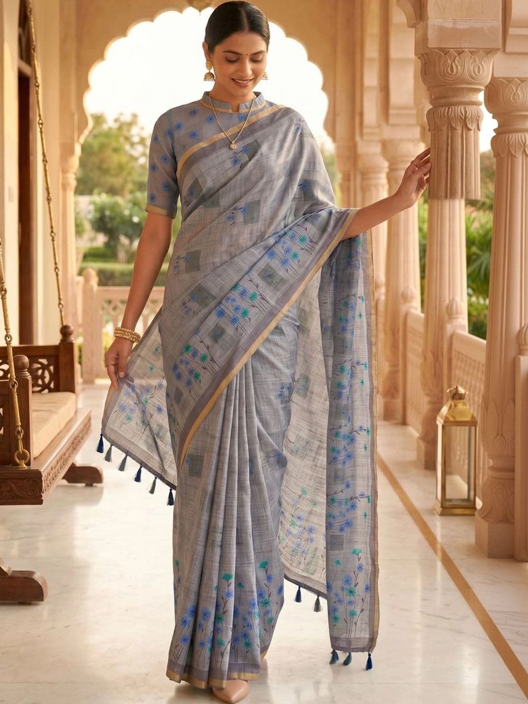 OLIVE SAGE Floral Linen Blend Tussar Saree thumbnail 3