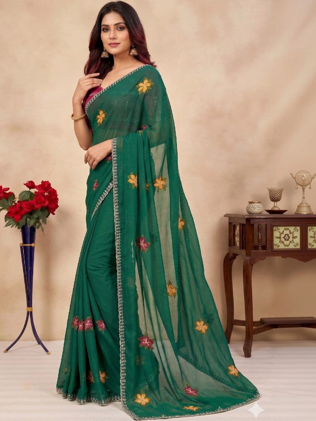 SmileyFashion Floral Embroidered Poly Chiffon Designer Saree - view 1